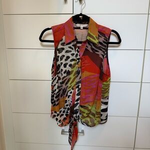 Trina Turk Sleeveless Orange Red Blouse with Notched Collar